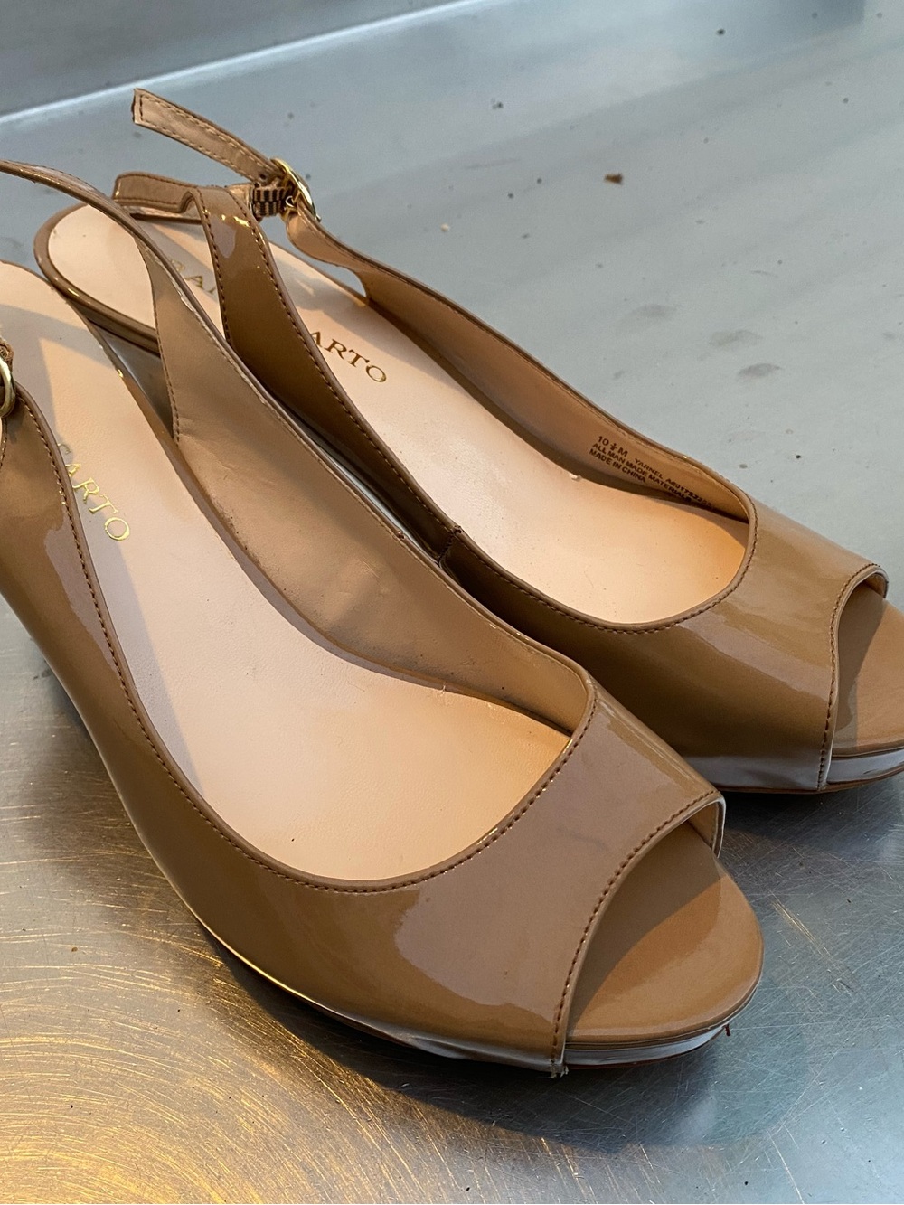 Franco Sarto Tan Patent Leather Peep-Toe Slingback Wedges